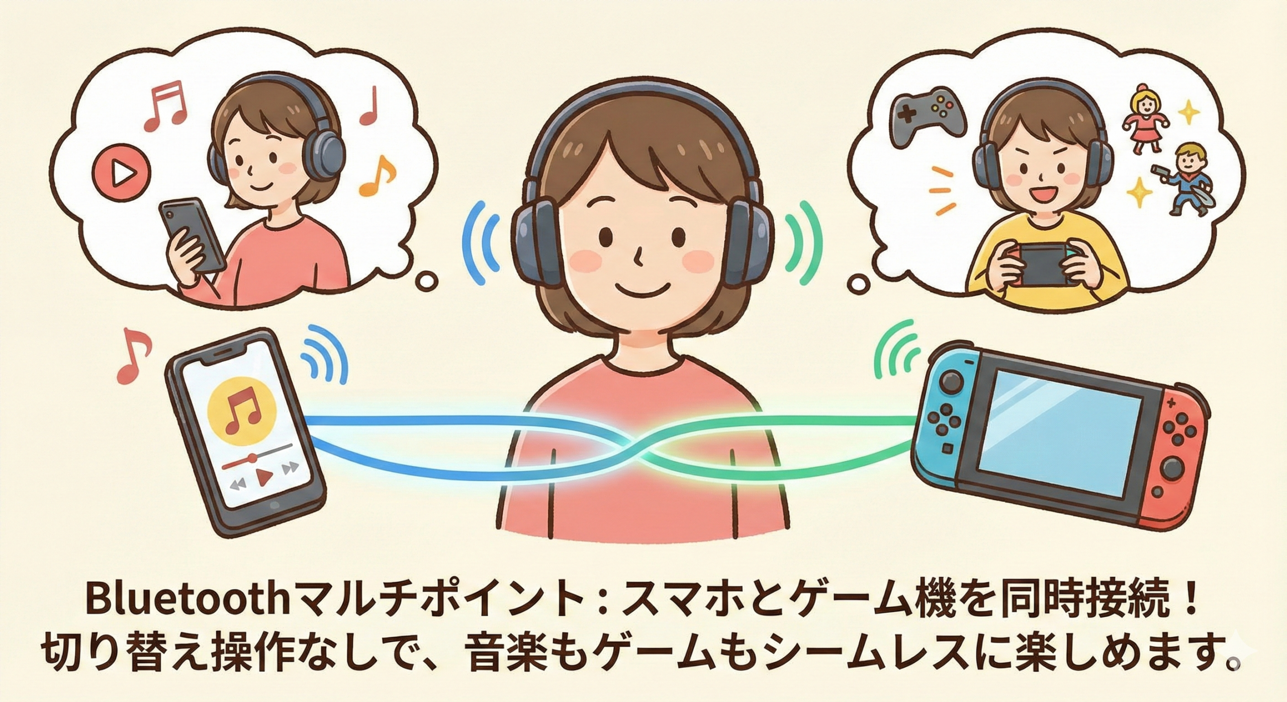 マルチポイント接続のイメージ図 複数機器を切り替えなしで使える